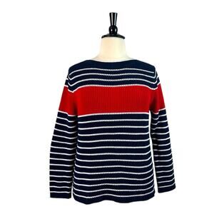 Liz Claiborne Sweater Heavy Knit Boatneck Blue Red Stripe Women’s Size XL